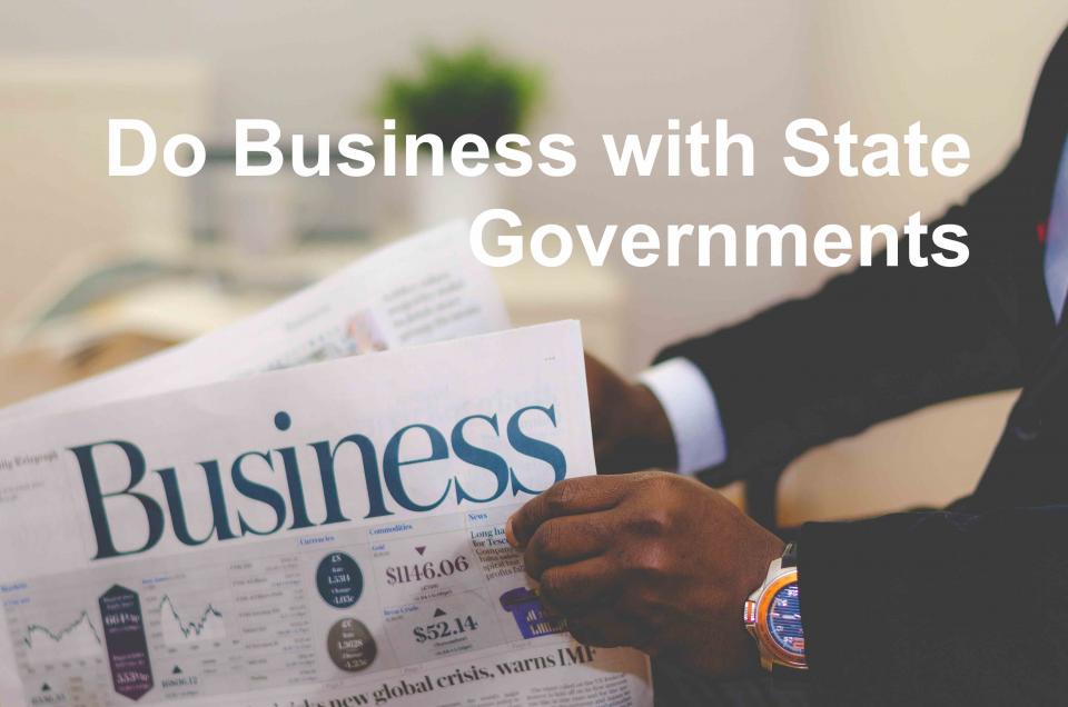 Man with newspaper and Do business with state governments text