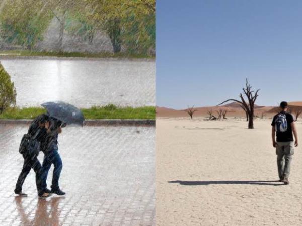 People walking in intense rain and person walking in drought stricken area